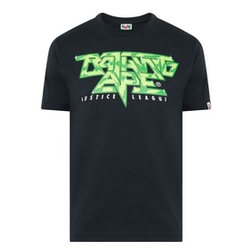 BAPE Groovy Justice League Logo T-Shirt in black with green graphic BAPE lettering print, round neck, short sleeves