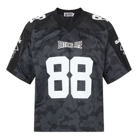 BAPE Logo Football Jersey T-Shirt in black with number 88, camo pattern, V-neckline, short sleeves, and white logo detail