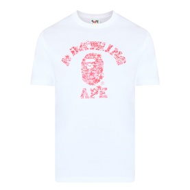 BAPE white cotton T-shirt with pink ape graphic and A Bathing Ape logo print to chest