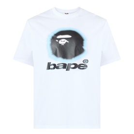 BAPE Spray Ape Head Logo T-Shirt in white, featuring blurred ape head graphic and bape logo print, round neck, short sleeves