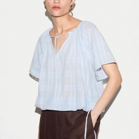 Check Drawstring Tie Front Top