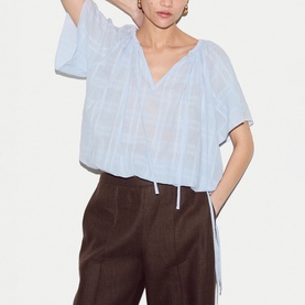 Check Drawstring Tie Front Top