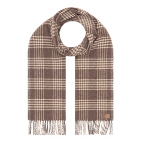 Eleventy scarf in brown, sand and mid-grey plaid check, silk-wool-cashmere blend with fringe ends, coiled flat on white background.