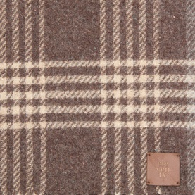 Eleventy scarf in brown and cream plaid check, silk wool cashmere blend with woven tartan pattern and leather logo patch