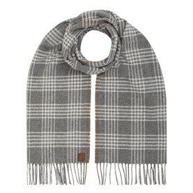 Eleventy scarf in grey and cream check with fringed ends and small leather logo tab, in silk, wool and cashmere blend