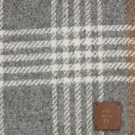 Eleventy men's scarf in grey plaid check with cream and tan overcheck, silk wool cashmere blend, leather logo patch detail