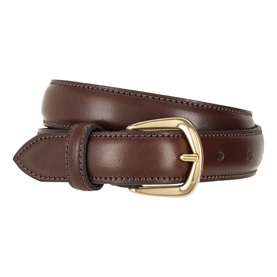 Eleventy brown leather belt with gold-tone buckle and contrast stitching detail, coiled flat for display