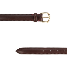 Eleventy brown leather belt with gold-tone buckle and contrast stitching, shown flat in two sections against white background.
