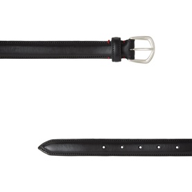 Eleventy black leather belt with silver-tone rectangular buckle and red accent stitching detail, shown in full and tip close-up