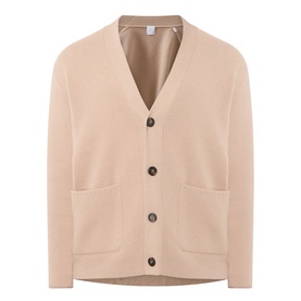 Eleventy camel wool-cashmere cardigan with V-neck, brown button fastening and patch pockets