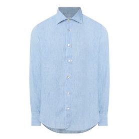 Eleventy blue casual shirt, spread collar, long sleeves, button-front placket, curved hem, 100% cotton