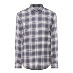Eleventy dark grey cotton plaid check casual shirt with spread collar and curved hem, long sleeves, button placket