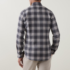 Model wearing Eleventy dark grey cotton plaid casual shirt, rear view, styled with stone chinos
