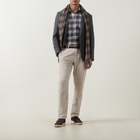 Model wearing Eleventy Dark Grey cotton check casual shirt, styled with navy blazer, beige trousers, brown belt and dark espadrilles.