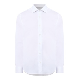 Eleventy white casual shirt with spread collar, long sleeves, and button-front placket in cotton blend fabric.