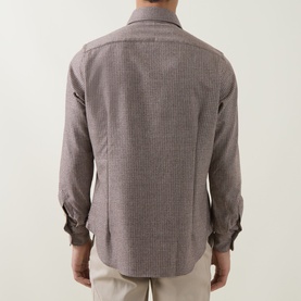 Model wearing Eleventy Dandy Houndstooth Shirt in Burgundy, back view, paired with stone chinos.