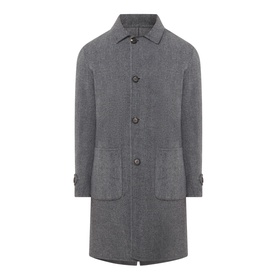 Eleventy men's coat in grigio medio melange, single-breasted with button front, spread collar, and patch pockets