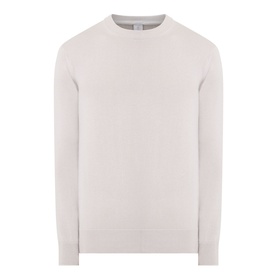 Eleventy Cashmere Knitted Sweater in Sabbia e Bianco, crew neck with long sleeves, ribbed trims and straight hemline.