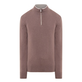 Eleventy cashmere half-zip jumper in Moro E Sabbia, featuring contrast cream zip placket and ribbed collar, cuffs and hem