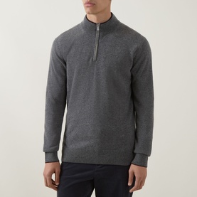 Model wearing Eleventy cashmere half-zip jumper in grey marl with ribbed cuffs and hem, styled with dark trousers