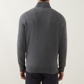 Model wearing Eleventy cashmere half zip in GR FUMO E ROSSO, rear view showing ribbed cuffs and collar detail