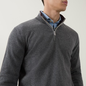 Model wearing Eleventy cashmere half-zip jumper in smoke grey, styled with a blue check shirt with burgundy collar detail