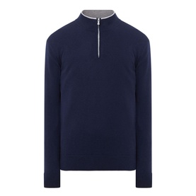 Eleventy Cashmere Half-Zip Sweater in blue and light grey with contrast collar, ribbed trims, and half-zip fastening