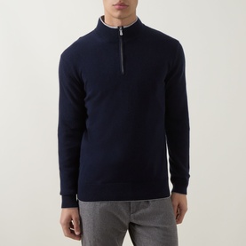 Model wearing Eleventy Cashmere Half-Zip Sweater in blue with contrast grey collar, styled with grey trousers