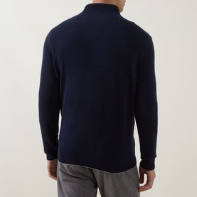 Model wearing Eleventy Cashmere Half-Zip Sweater in navy, back view showing ribbed trims and straight hemline, styled with grey trousers.