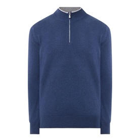 Eleventy Half Zip cashmere jumper in royal blue with light grey contrast collar and silver zip detail
