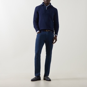 Model wearing Eleventy Dark Blue wool half zip jumper, styled with navy trousers and black leather loafers