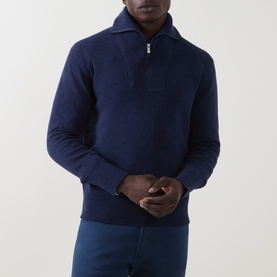 Model wearing Eleventy Dark Blue wool half-zip knit jumper, styled with matching dark blue trousers