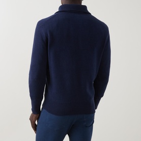 Model wearing Eleventy Dark Blue wool half zip jumper, rear view, styled with blue trousers