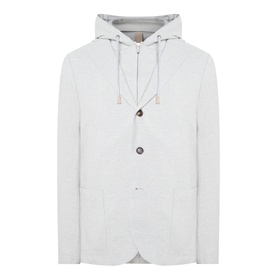 Eleventy hooded blazer jacket in grigio chiaro melange, two-button fastening, patch pockets, drawstring hood detail