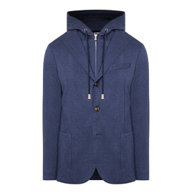 Eleventy blue men's jacket with attached navy hood, drawstring detail, two-button front, and chest pocket