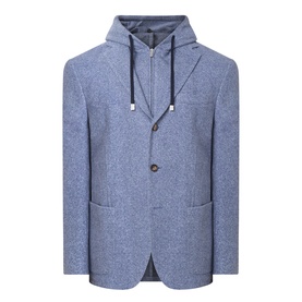 Eleventy light blue cotton-wool blazer jacket with attached hood, drawstring detail, two-button front, and patch pockets