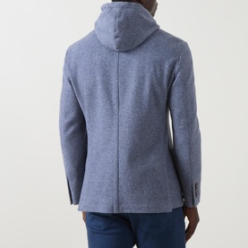 Model wearing Eleventy light blue cotton-wool hooded jacket, back view, styled with blue trousers