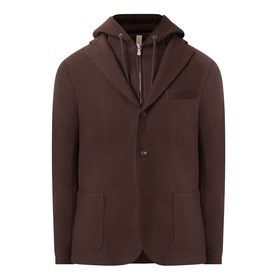 Eleventy brown wool jacket with removable hooded zip-through insert, three-button front, and patch pockets
