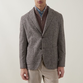 Model wearing Eleventy Check Single-Breasted Blazer in brown alpaca wool blend, styled with a mauve jumper and beige trousers.