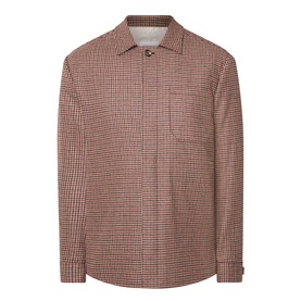 Eleventy red houndstooth wool-blend overshirt jacket with chest pocket, zip placket, and button collar