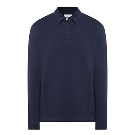 Eleventy long-sleeve polo shirt in Blu Nuovo, navy cotton piqu&eacute; with a classic collar and placket detail
