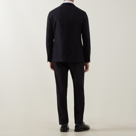 Model wearing Eleventy Single-Breasted Two-Piece Suit in blue wool-cashmere blend, back view, styled with black Oxford shoes.