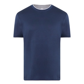 Eleventy navy and light grey cotton T-shirt with contrast crew neck trim, short sleeves, relaxed fit