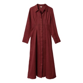 Deep red long-sleeve midi shirt dress with button-front placket, pointed collar, and fitted waist seaming, laid flat
