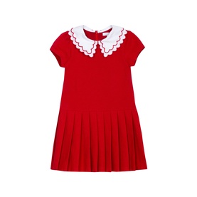 Patachou red children's dress with white scallop-edged Peter Pan collar, short sleeves, and pleated skirt