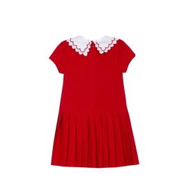Patachou red children's dress with white scalloped Peter Pan collar, short sleeves, and pleated skirt