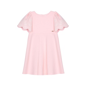 Patachou children's Sweet Pink dress with scallop-edged flutter sleeves, A-line skirt, and gold logo detail at waist