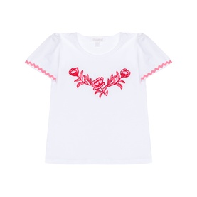 Patachou white children's T-shirt with pink floral embroidery at chest and pink ric-rac trim on short puff sleeves
