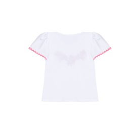 Patachou white children's T-shirt with puff sleeves, pink ric-rac trim detail and embroidered butterfly motif at chest.