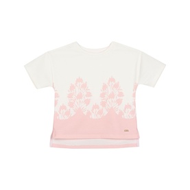 Patachou children's bicolour print T-shirt in white and pink with floral lace-effect border detail, short sleeves, flat lay view.